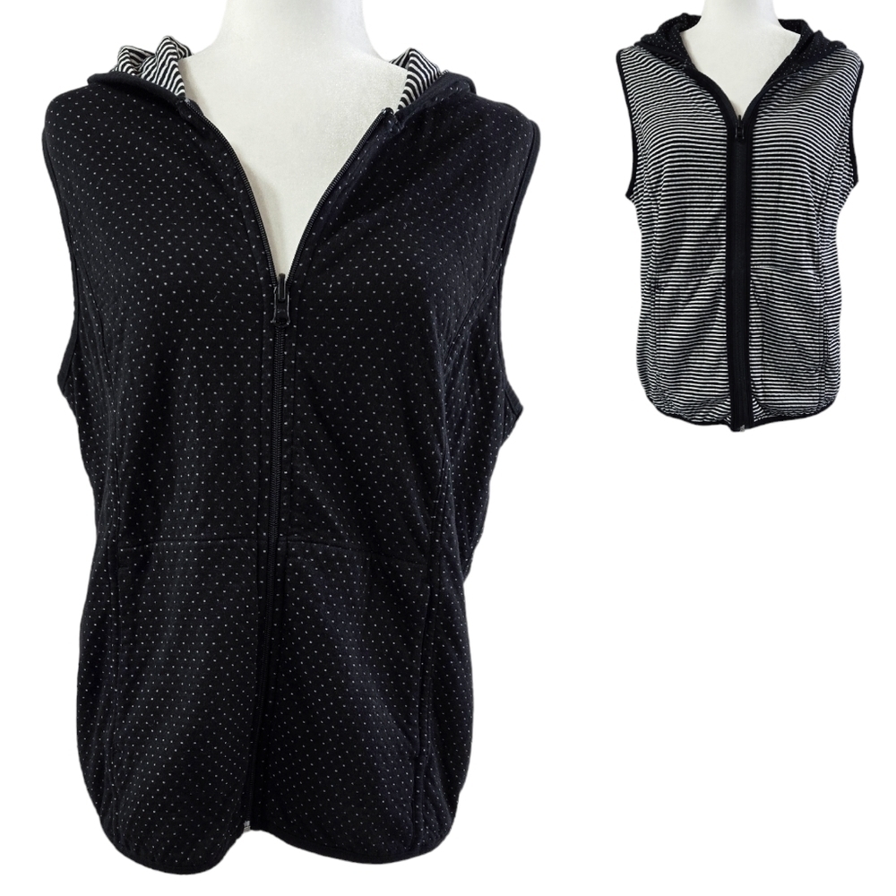 Chico's Weekends Black White Reversible Polka Dot Stripe Hooded Vest Pockets